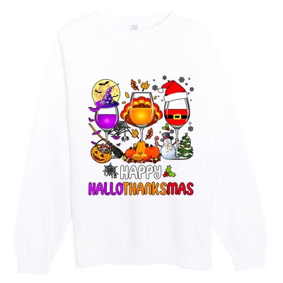 Happy Hallothanksmas Wine Halloween Thanksgiving Christmas Premium Crewneck Sweatshirt