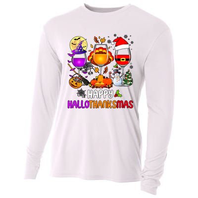 Happy Hallothanksmas Wine Halloween Thanksgiving Christmas Cooling Performance Long Sleeve Crew