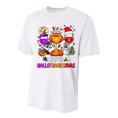 Happy Hallothanksmas Wine Halloween Thanksgiving Christmas Performance Sprint T-Shirt