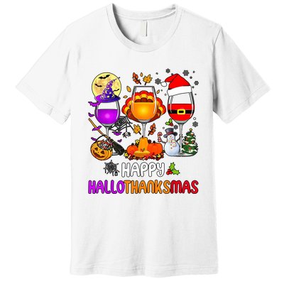 Happy Hallothanksmas Wine Halloween Thanksgiving Christmas Premium T-Shirt