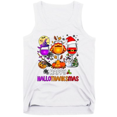 Happy Hallothanksmas Wine Halloween Thanksgiving Christmas Tank Top