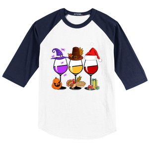 Happy Hallothanksmas Wine Glass Lover Cool Gift Baseball Sleeve Shirt