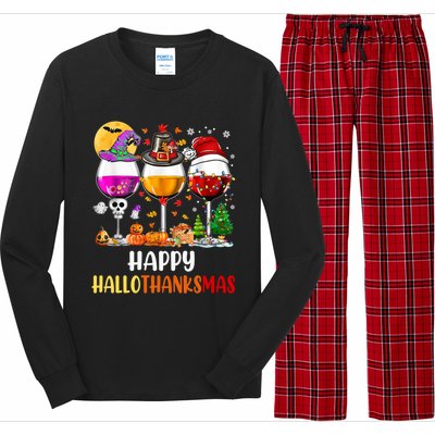 Happy Hallothanksmas Wine Glasses Wine Lover Gift Long Sleeve Pajama Set