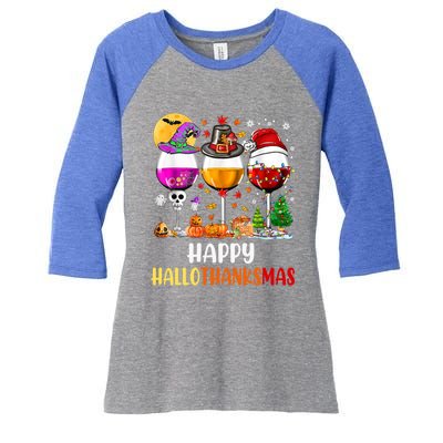 Happy Hallothanksmas Wine Glasses Wine Lover Gift Women's Tri-Blend 3/4-Sleeve Raglan Shirt