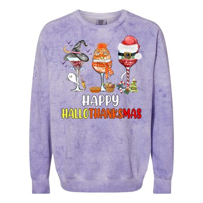 Happy Hallothanksmas Wine Glasses Witch Santa Hat Pumpkin Cute Gift Colorblast Crewneck Sweatshirt