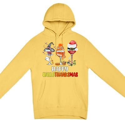 Happy Hallothanksmas Wine Glasses Witch Santa Hat Pumpkin Cute Gift Premium Pullover Hoodie