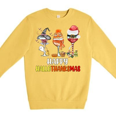 Happy Hallothanksmas Wine Glasses Witch Santa Hat Pumpkin Cute Gift Premium Crewneck Sweatshirt