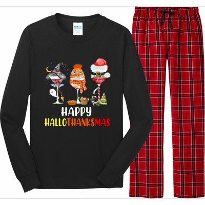 Happy Hallothanksmas Wine Glasses Witch Santa Hat Pumpkin Cute Gift Long Sleeve Pajama Set