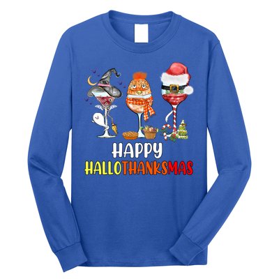 Happy Hallothanksmas Wine Glasses Witch Santa Hat Pumpkin Cute Gift Long Sleeve Shirt