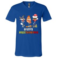 Happy Hallothanksmas Wine Glasses Witch Santa Hat Pumpkin Cute Gift V-Neck T-Shirt