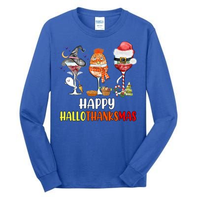 Happy Hallothanksmas Wine Glasses Witch Santa Hat Pumpkin Cute Gift Tall Long Sleeve T-Shirt