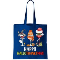 Happy Hallothanksmas Wine Glasses Witch Santa Hat Pumpkin Cute Gift Tote Bag