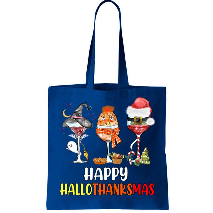 Happy Hallothanksmas Wine Glasses Witch Santa Hat Pumpkin Cute Gift Tote Bag