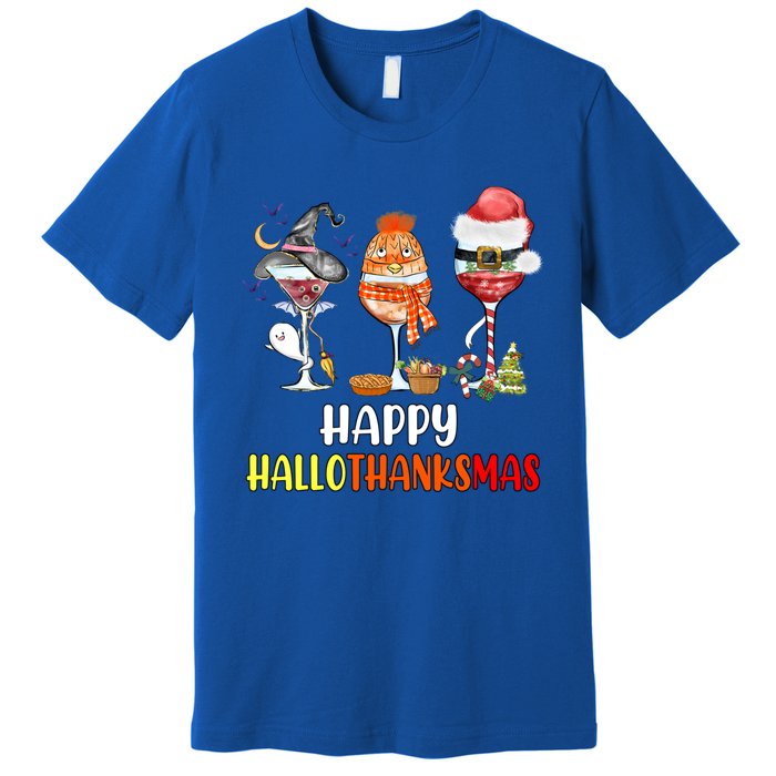 Happy Hallothanksmas Wine Glasses Witch Santa Hat Pumpkin Cute Gift Premium T-Shirt