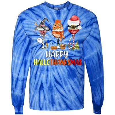 Happy Hallothanksmas Wine Glasses Witch Santa Hat Pumpkin Cute Gift Tie-Dye Long Sleeve Shirt