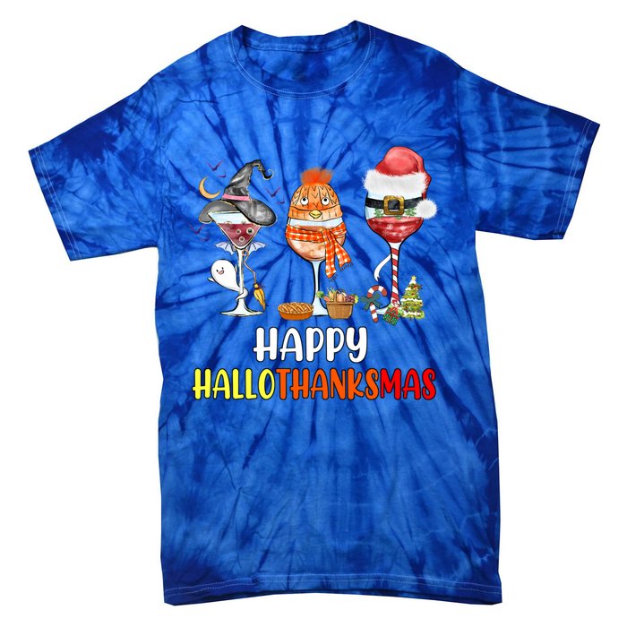 Happy Hallothanksmas Wine Glasses Witch Santa Hat Pumpkin Cute Gift Tie-Dye T-Shirt