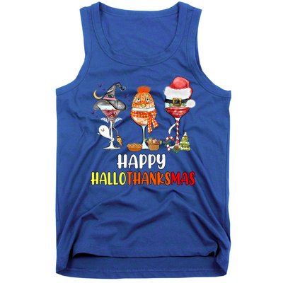 Happy Hallothanksmas Wine Glasses Witch Santa Hat Pumpkin Cute Gift Tank Top