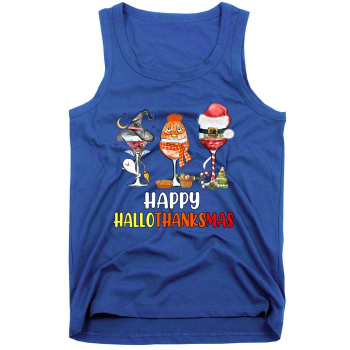 Happy Hallothanksmas Wine Glasses Witch Santa Hat Pumpkin Cute Gift Tank Top