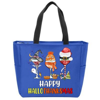 Happy Hallothanksmas Wine Glasses Witch Santa Hat Pumpkin Cute Gift Zip Tote Bag