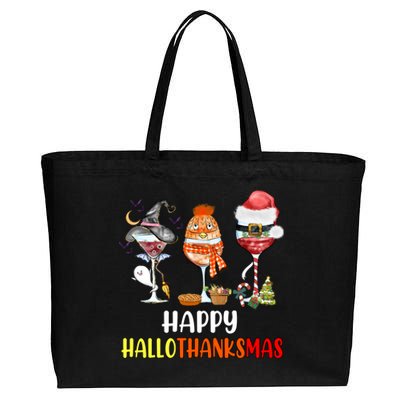 Happy Hallothanksmas Wine Glasses Witch Santa Hat Pumpkin Cute Gift Cotton Canvas Jumbo Tote