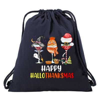 Happy Hallothanksmas Wine Glasses Witch Santa Hat Pumpkin Cute Gift Drawstring Bag