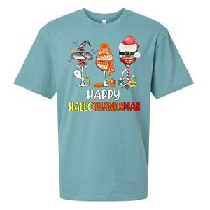 Happy Hallothanksmas Wine Glasses Witch Santa Hat Pumpkin Cute Gift Sueded Cloud Jersey T-Shirt