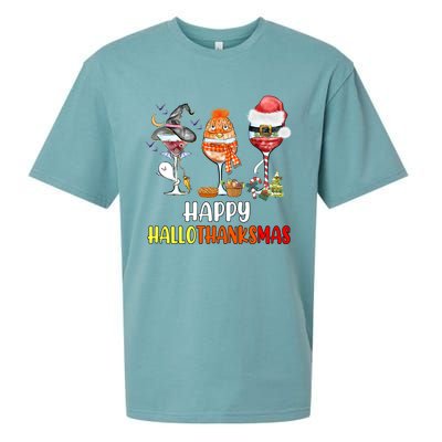 Happy Hallothanksmas Wine Glasses Witch Santa Hat Pumpkin Cute Gift Sueded Cloud Jersey T-Shirt