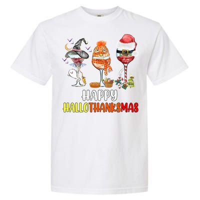 Happy Hallothanksmas Wine Glasses Witch Santa Hat Pumpkin Cute Gift Garment-Dyed Heavyweight T-Shirt