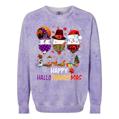 Happy Hallothanksmas Wine Glasses Witch Santa Hat Pumpkin Gift Colorblast Crewneck Sweatshirt