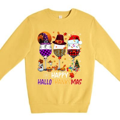 Happy Hallothanksmas Wine Glasses Witch Santa Hat Pumpkin Gift Premium Crewneck Sweatshirt