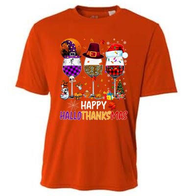 Happy Hallothanksmas Wine Glasses Witch Santa Hat Pumpkin Gift Cooling Performance Crew T-Shirt