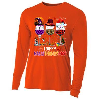 Happy Hallothanksmas Wine Glasses Witch Santa Hat Pumpkin Gift Cooling Performance Long Sleeve Crew