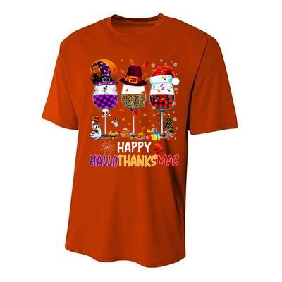 Happy Hallothanksmas Wine Glasses Witch Santa Hat Pumpkin Gift Performance Sprint T-Shirt