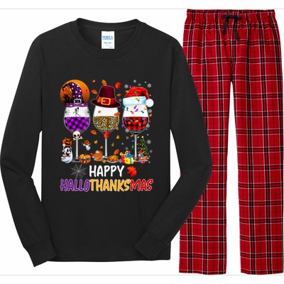 Happy Hallothanksmas Wine Glasses Witch Santa Hat Pumpkin Gift Long Sleeve Pajama Set