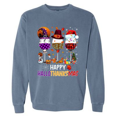 Happy Hallothanksmas Wine Glasses Witch Santa Hat Pumpkin Gift Garment-Dyed Sweatshirt