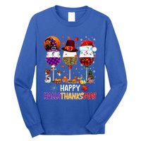 Happy Hallothanksmas Wine Glasses Witch Santa Hat Pumpkin Gift Long Sleeve Shirt