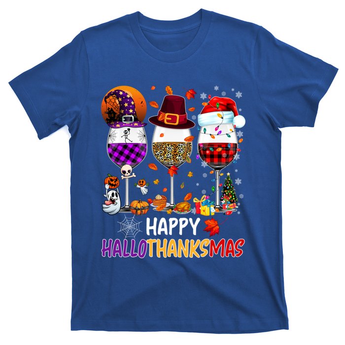 Happy Hallothanksmas Wine Glasses Witch Santa Hat Pumpkin Gift T-Shirt