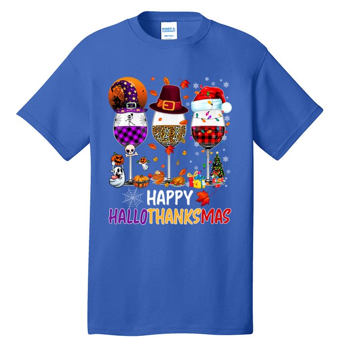 Happy Hallothanksmas Wine Glasses Witch Santa Hat Pumpkin Gift Tall T-Shirt