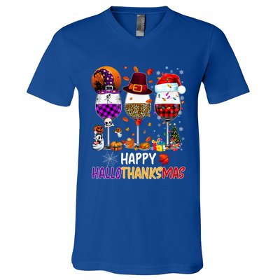 Happy Hallothanksmas Wine Glasses Witch Santa Hat Pumpkin Gift V-Neck T-Shirt