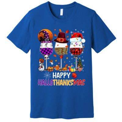 Happy Hallothanksmas Wine Glasses Witch Santa Hat Pumpkin Gift Premium T-Shirt