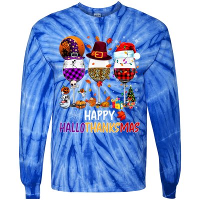 Happy Hallothanksmas Wine Glasses Witch Santa Hat Pumpkin Gift Tie-Dye Long Sleeve Shirt