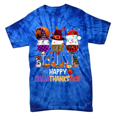 Happy Hallothanksmas Wine Glasses Witch Santa Hat Pumpkin Gift Tie-Dye T-Shirt