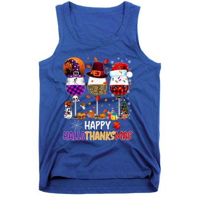 Happy Hallothanksmas Wine Glasses Witch Santa Hat Pumpkin Gift Tank Top