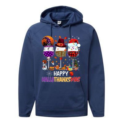 Happy Hallothanksmas Wine Glasses Witch Santa Hat Pumpkin Gift Performance Fleece Hoodie