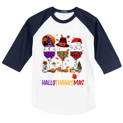 Happy Hallothanksmas Wine Glasses Witch Santa Hat Pumpkin Gift Baseball Sleeve Shirt