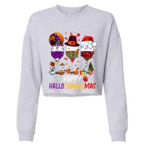 Happy Hallothanksmas Wine Glasses Witch Santa Hat Pumpkin Gift Cropped Pullover Crew