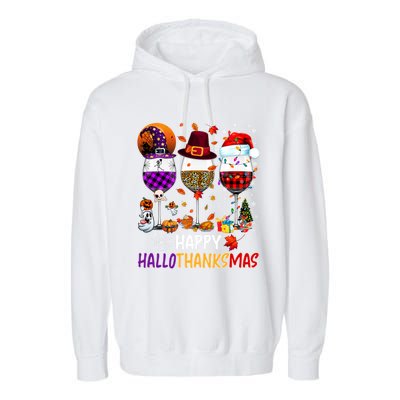 Happy Hallothanksmas Wine Glasses Witch Santa Hat Pumpkin Gift Garment-Dyed Fleece Hoodie