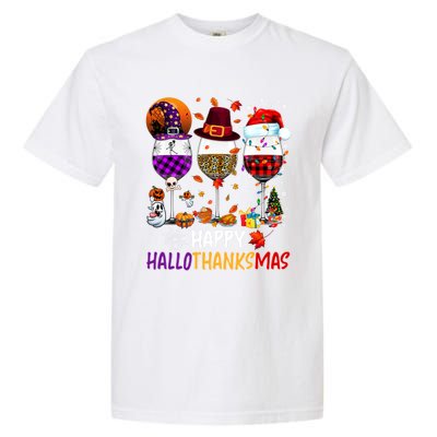 Happy Hallothanksmas Wine Glasses Witch Santa Hat Pumpkin Gift Garment-Dyed Heavyweight T-Shirt