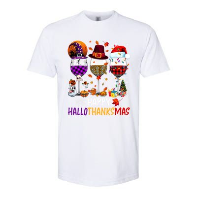 Happy Hallothanksmas Wine Glasses Witch Santa Hat Pumpkin Gift Softstyle® CVC T-Shirt