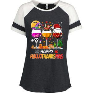 Happy Hallothanksmas Wine Glasses Witch Santa Hat Pumpkin Gift Enza Ladies Jersey Colorblock Tee